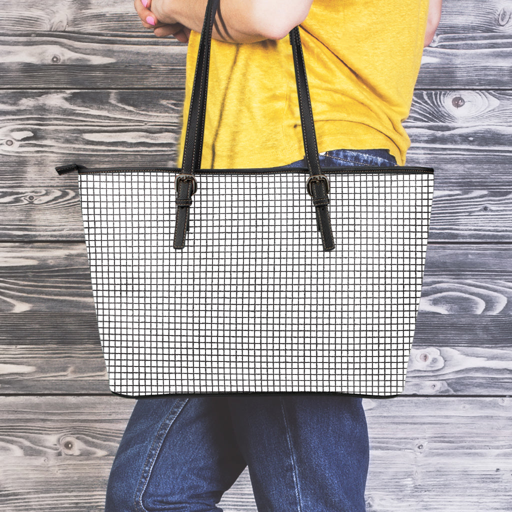 Doodle Windowpane Pattern Print Leather Tote Bag