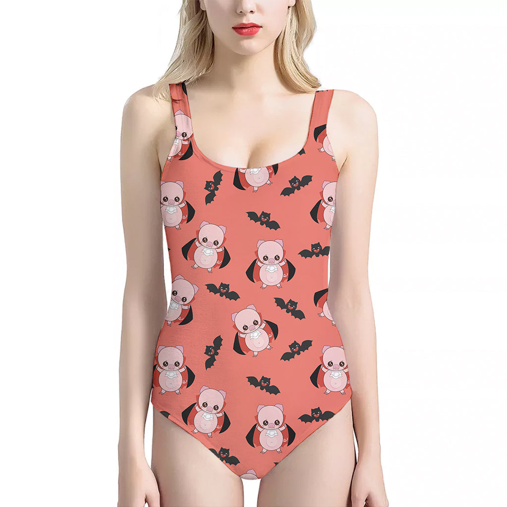 Dracula Pig Pattern Print One Piece Halter Neck Swimsuit