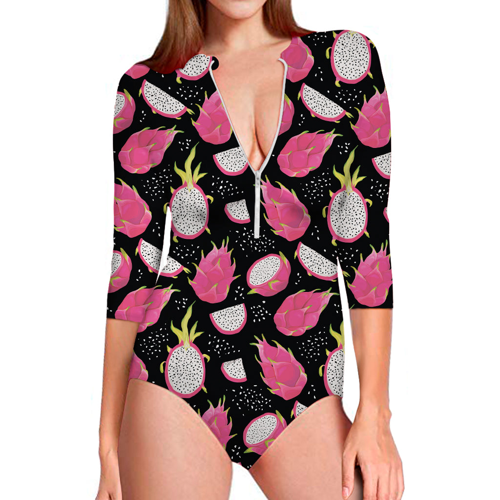 Dragon Fruit Pattern Print Long Sleeve One Piece Swimsuit