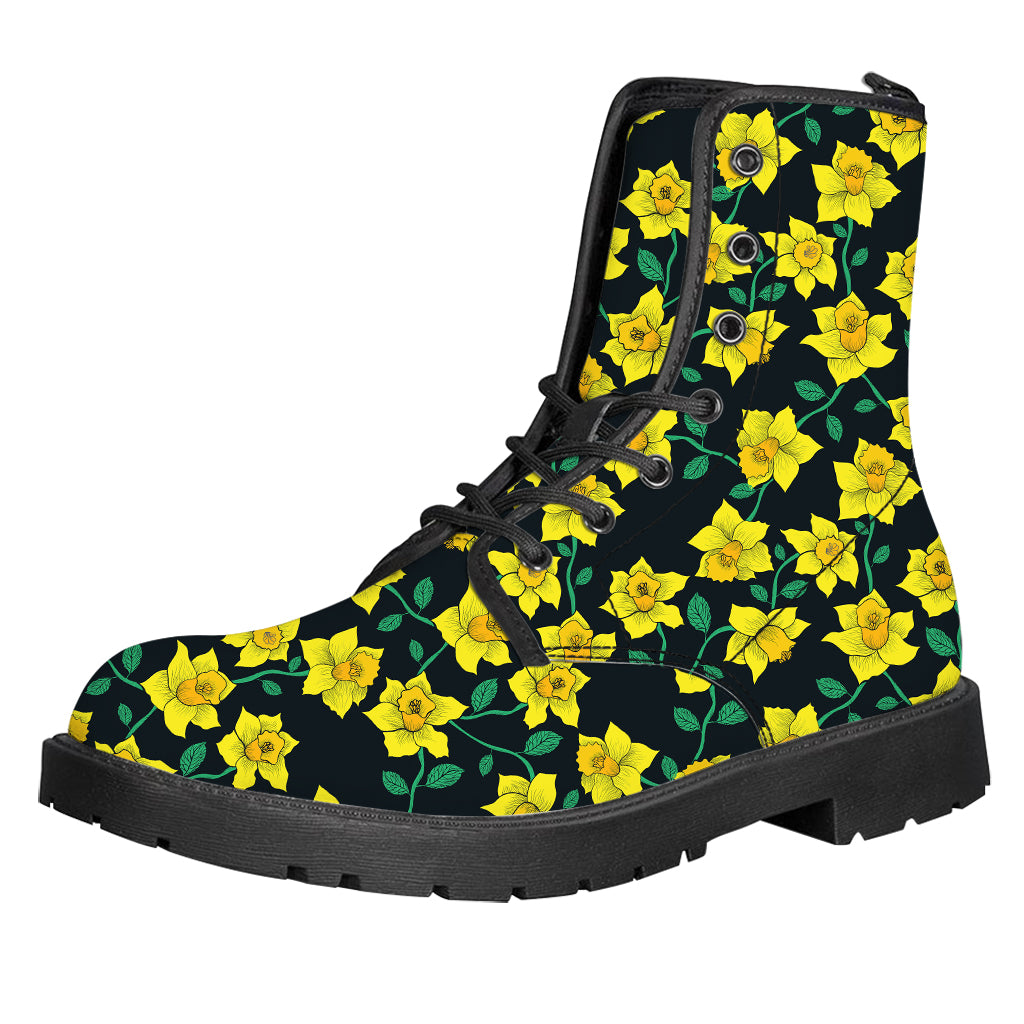 Drawing Daffodil Flower Pattern Print Leather Boots