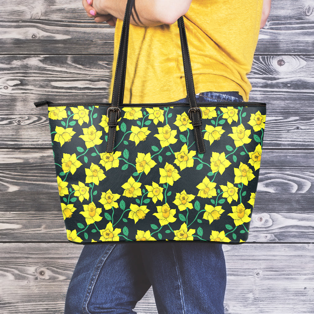 Drawing Daffodil Flower Pattern Print Leather Tote Bag