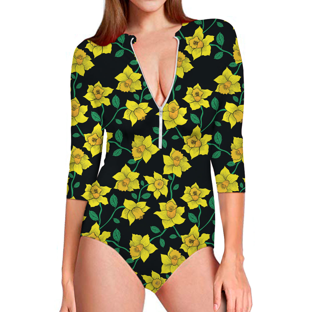 Drawing Daffodil Flower Pattern Print Long Sleeve One Piece Swimsuit