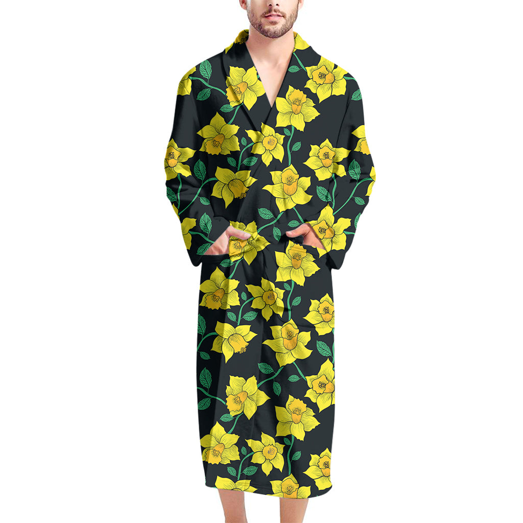 Drawing Daffodil Flower Pattern Print Men's Bathrobe