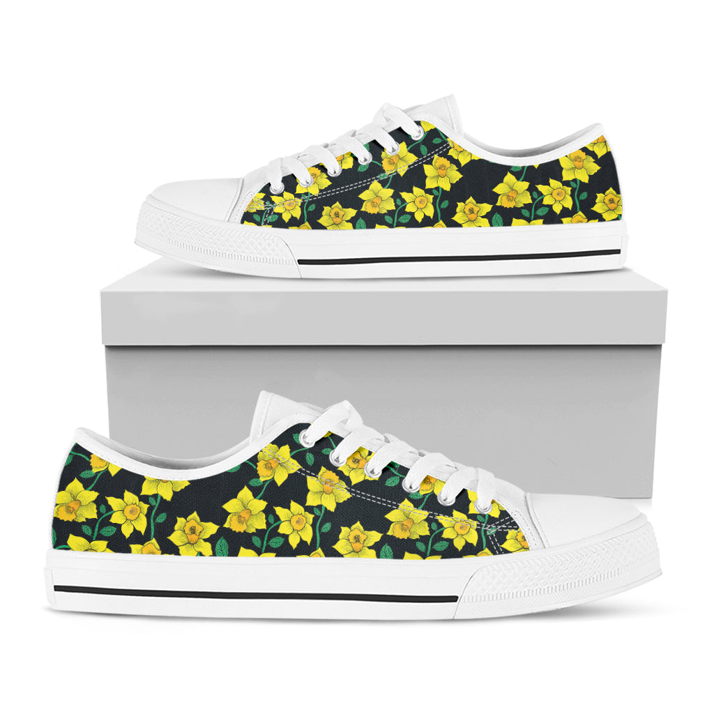 Drawing Daffodil Flower Pattern Print White Low Top Shoes