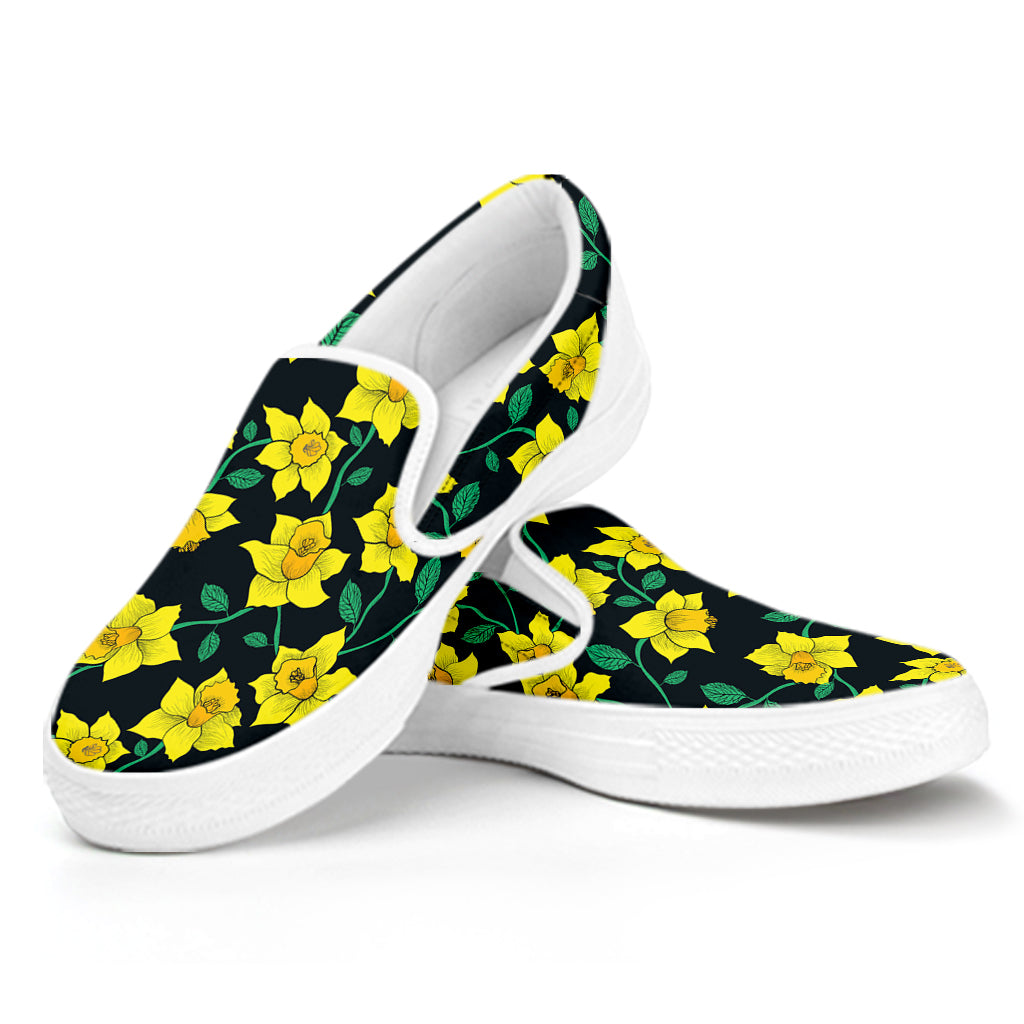 Drawing Daffodil Flower Pattern Print White Slip On Shoes