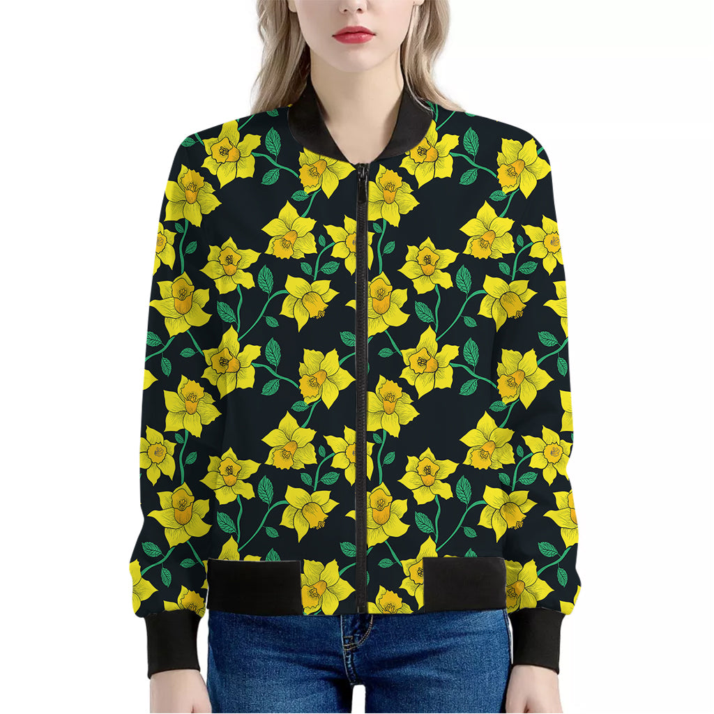 Drawing Daffodil Flower Pattern Print Women's Bomber Jacket