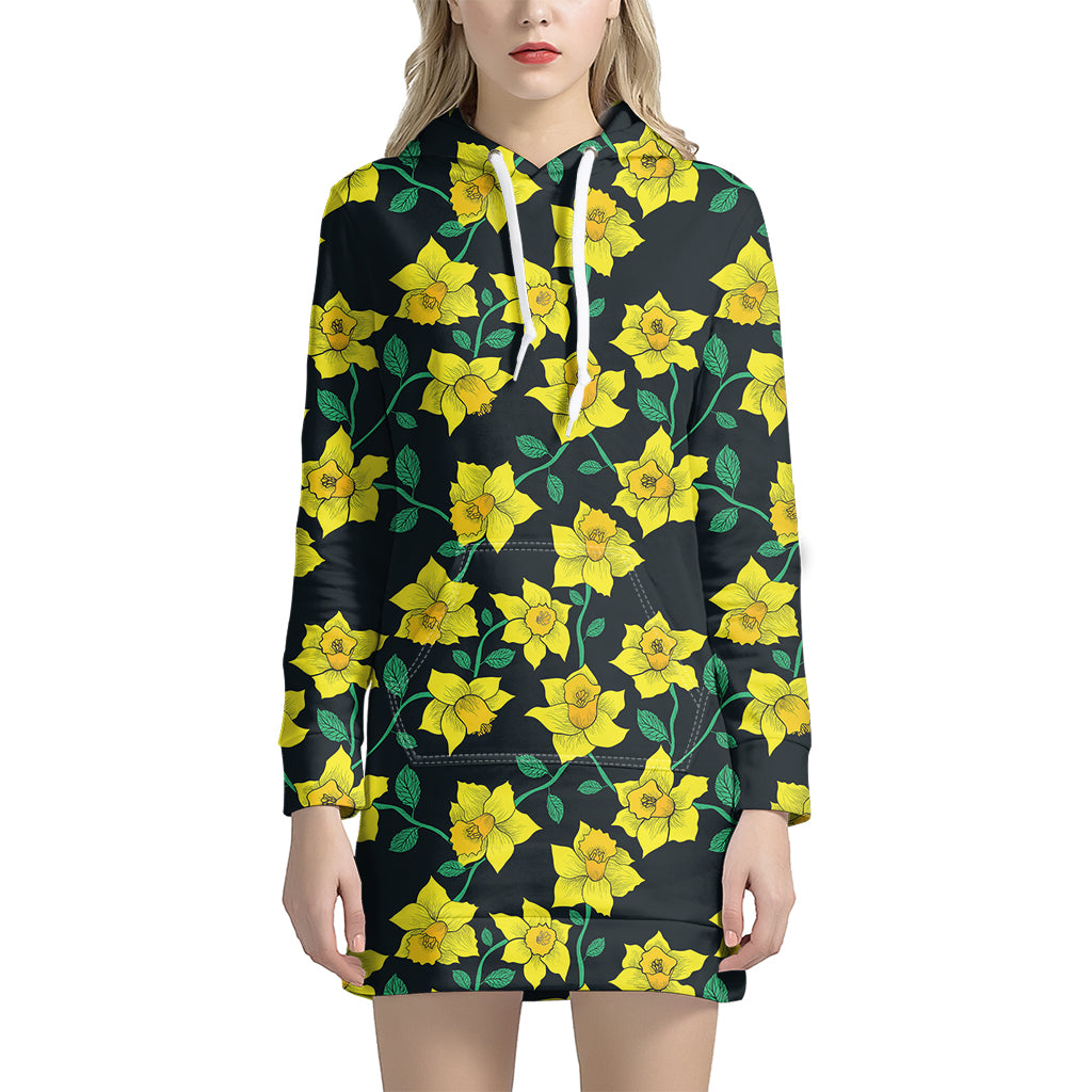 Drawing Daffodil Flower Pattern Print Women's Pullover Hoodie Dress