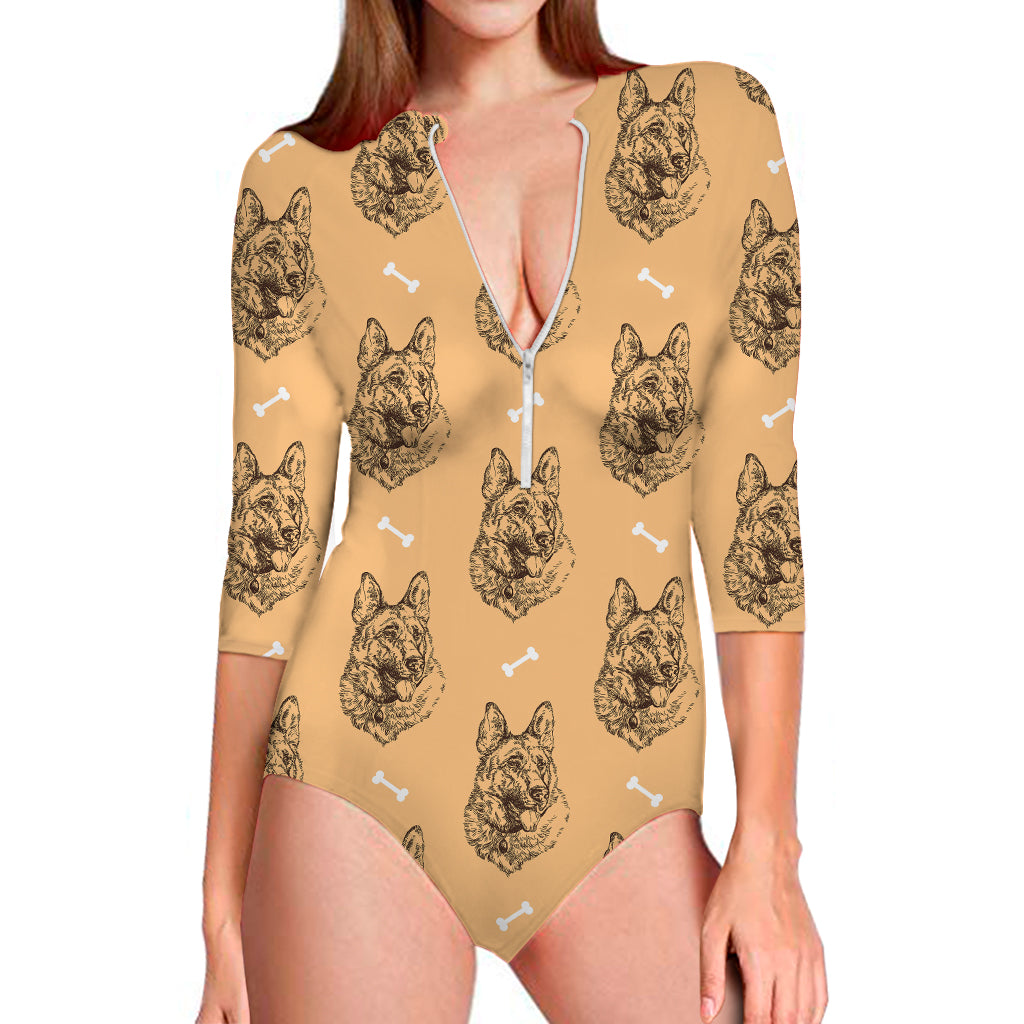 Drawing German Shepherd Pattern Print Long Sleeve One Piece Swimsuit