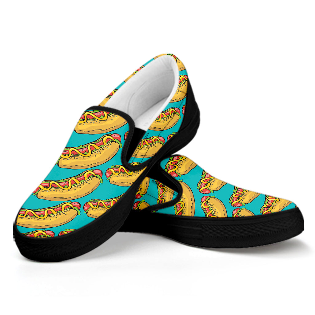 Drawing Hot Dog Pattern Print Black Slip On Shoes