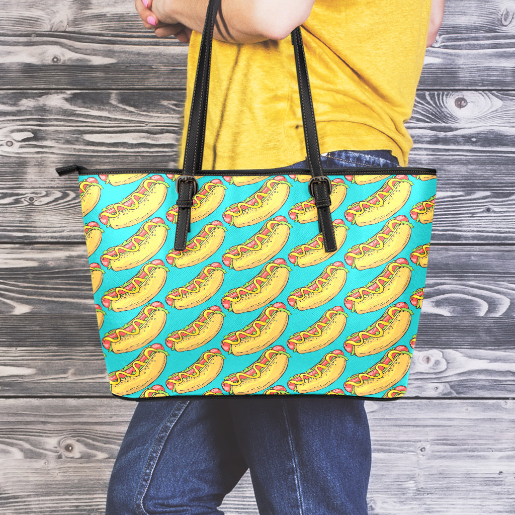 Drawing Hot Dog Pattern Print Leather Tote Bag