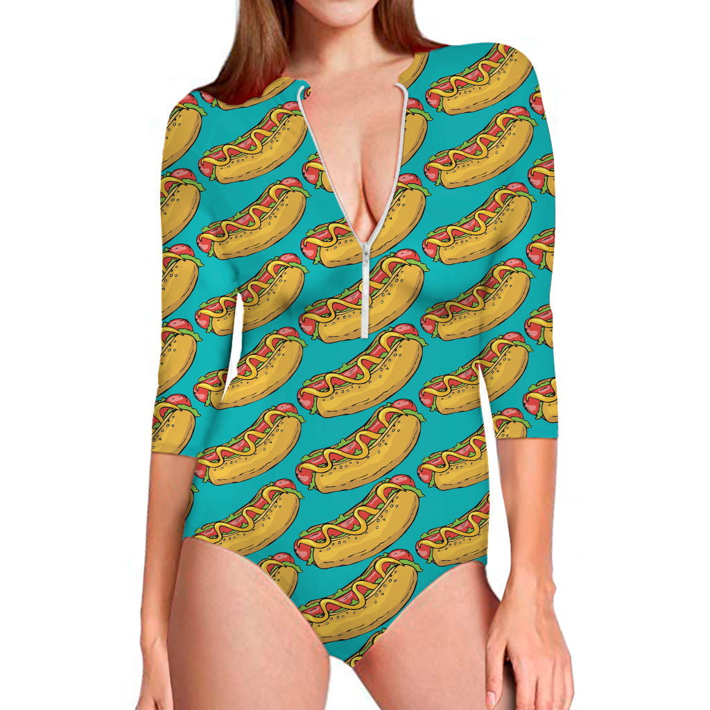 Drawing Hot Dog Pattern Print Long Sleeve One Piece Swimsuit