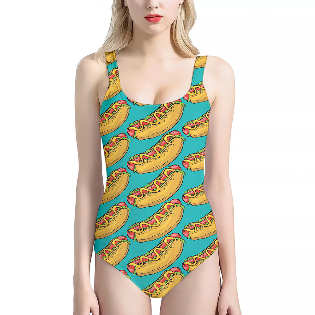 Drawing Hot Dog Pattern Print One Piece Halter Neck Swimsuit