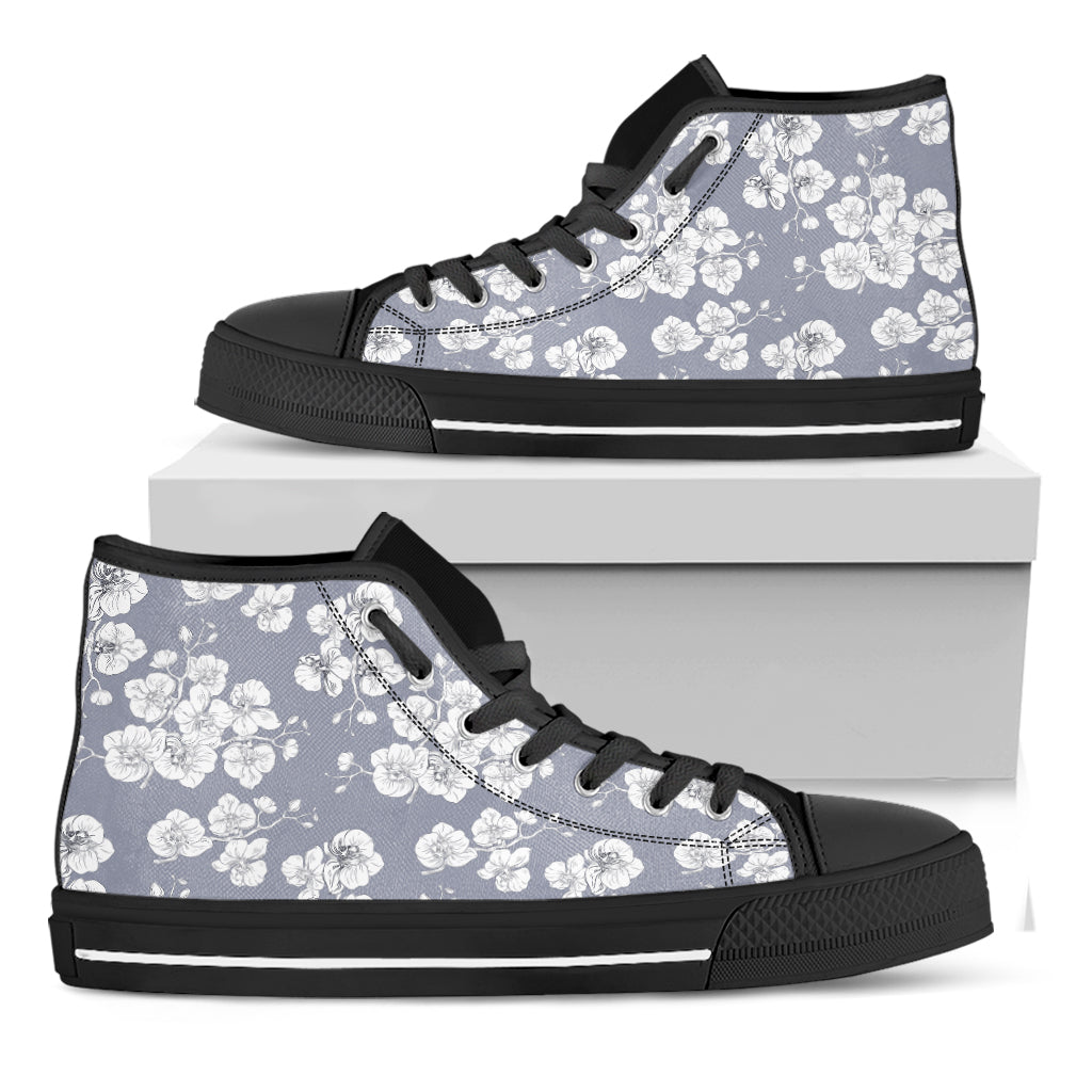 Drawing Orchid Pattern Print Black High Top Shoes