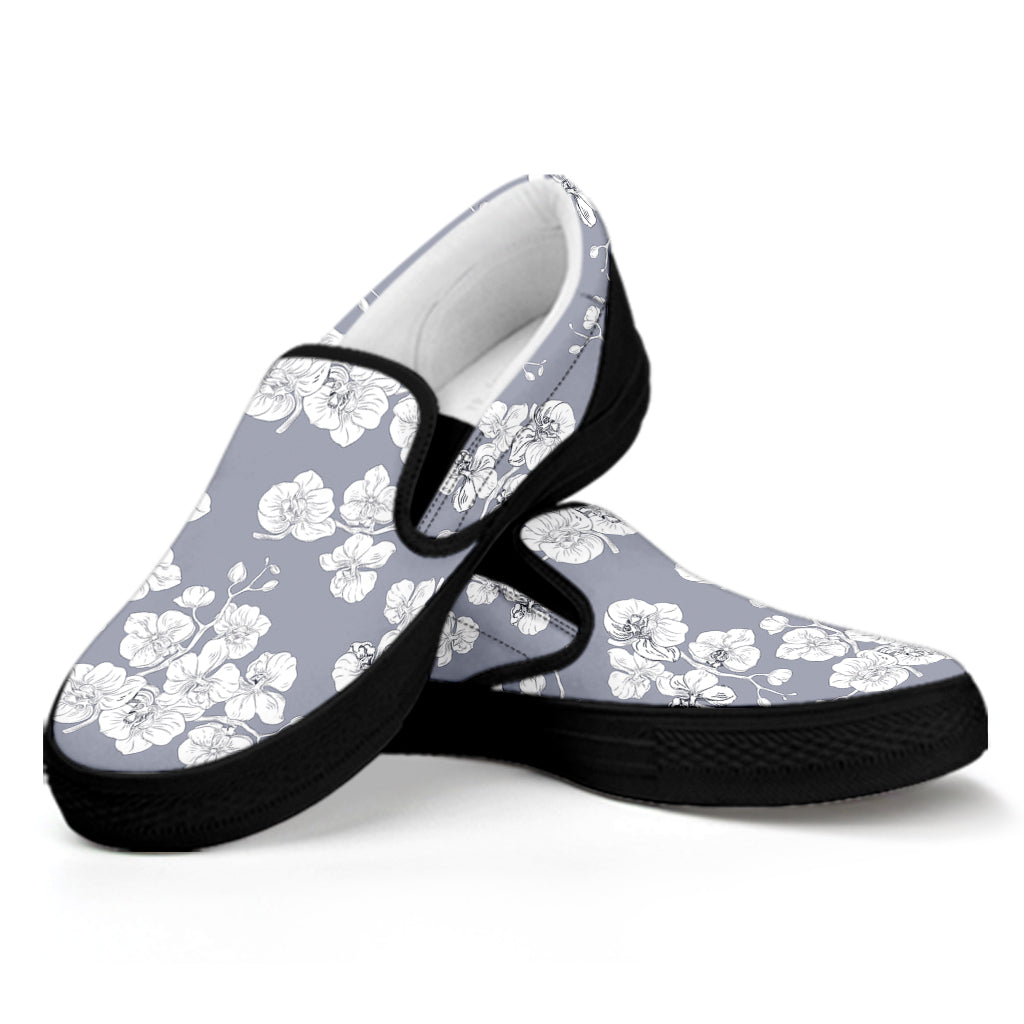 Drawing Orchid Pattern Print Black Slip On Shoes