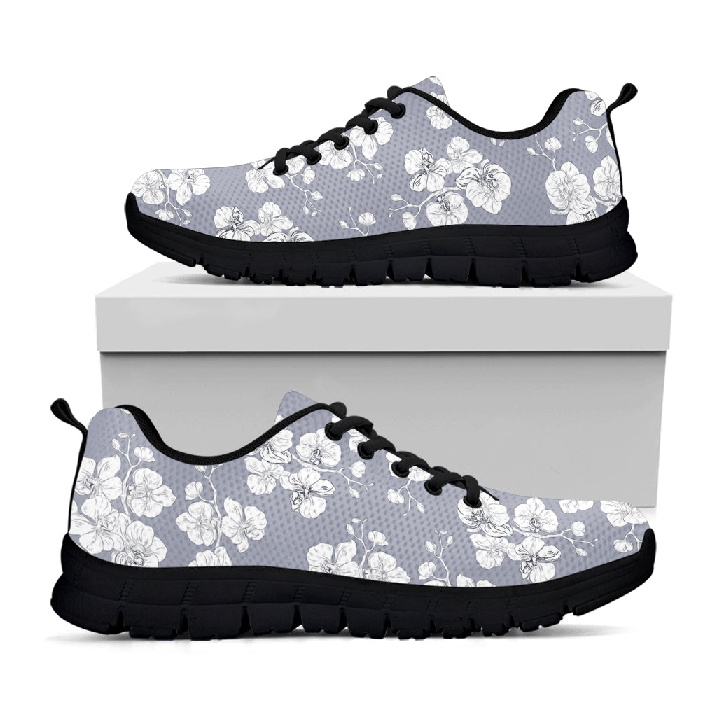 Drawing Orchid Pattern Print Black Sneakers