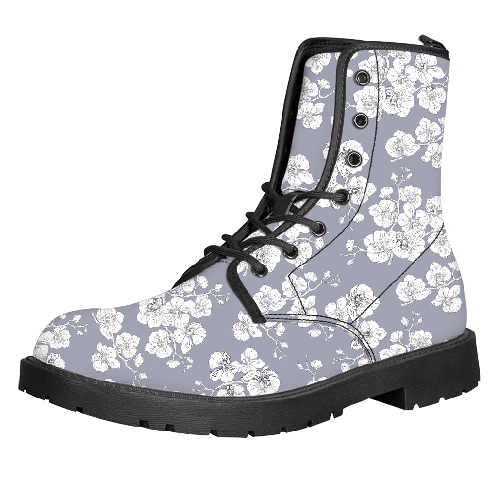 Drawing Orchid Pattern Print Leather Boots