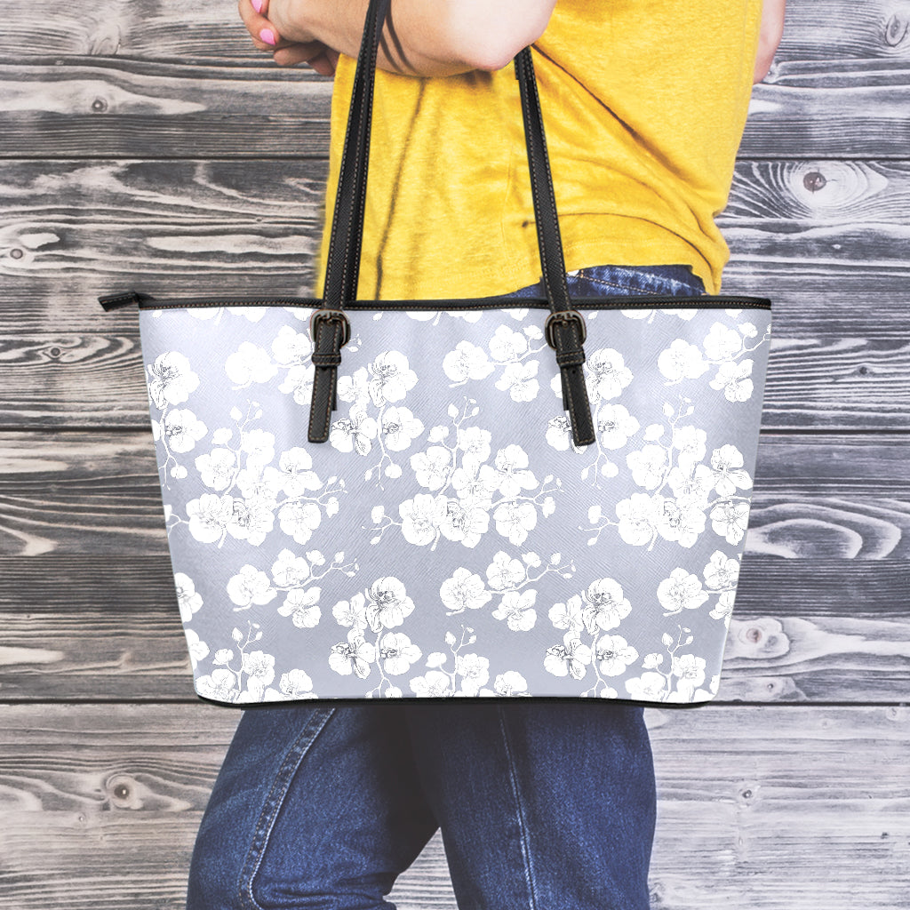 Drawing Orchid Pattern Print Leather Tote Bag