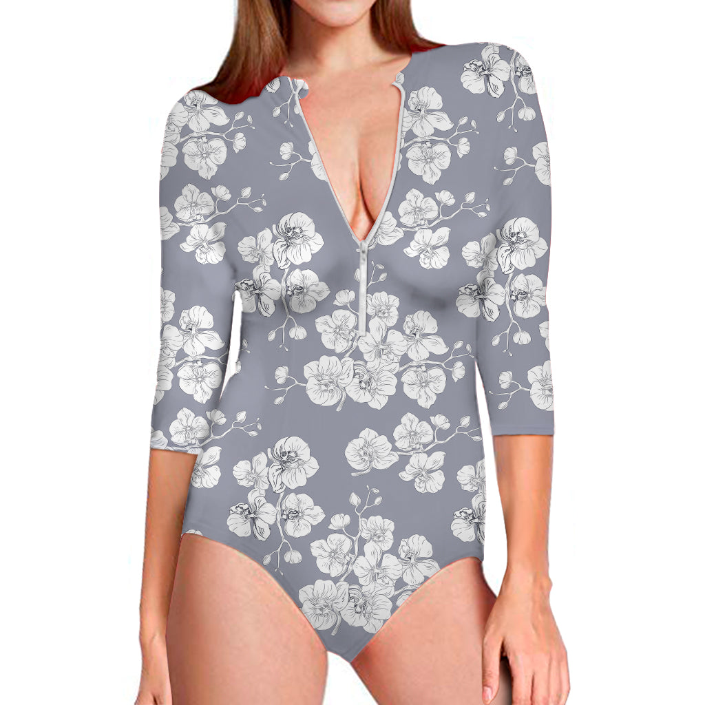 Drawing Orchid Pattern Print Long Sleeve One Piece Swimsuit