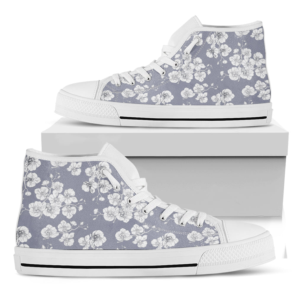 Drawing Orchid Pattern Print White High Top Shoes