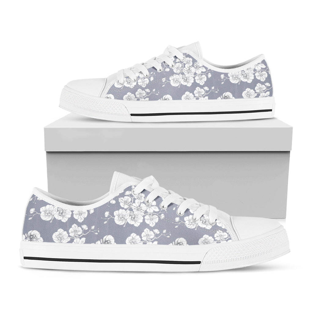 Drawing Orchid Pattern Print White Low Top Shoes