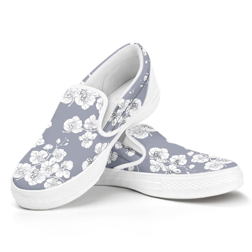 Drawing Orchid Pattern Print White Slip On Shoes