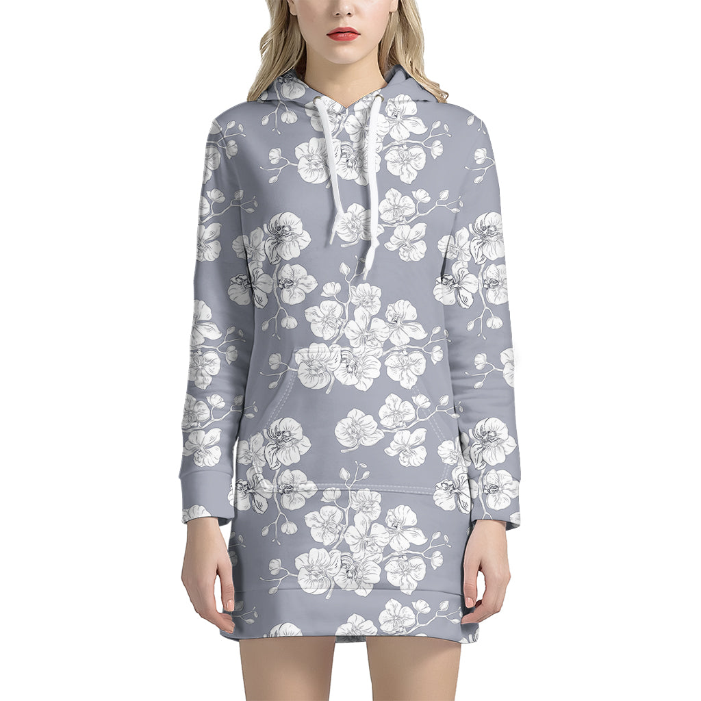 Drawing Orchid Pattern Print Women's Pullover Hoodie Dress