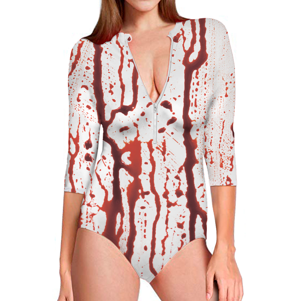 Dripping Blood Print Long Sleeve One Piece Swimsuit