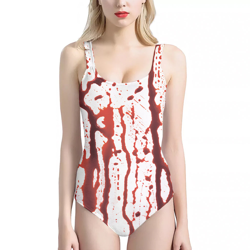 Dripping Blood Print One Piece Halter Neck Swimsuit