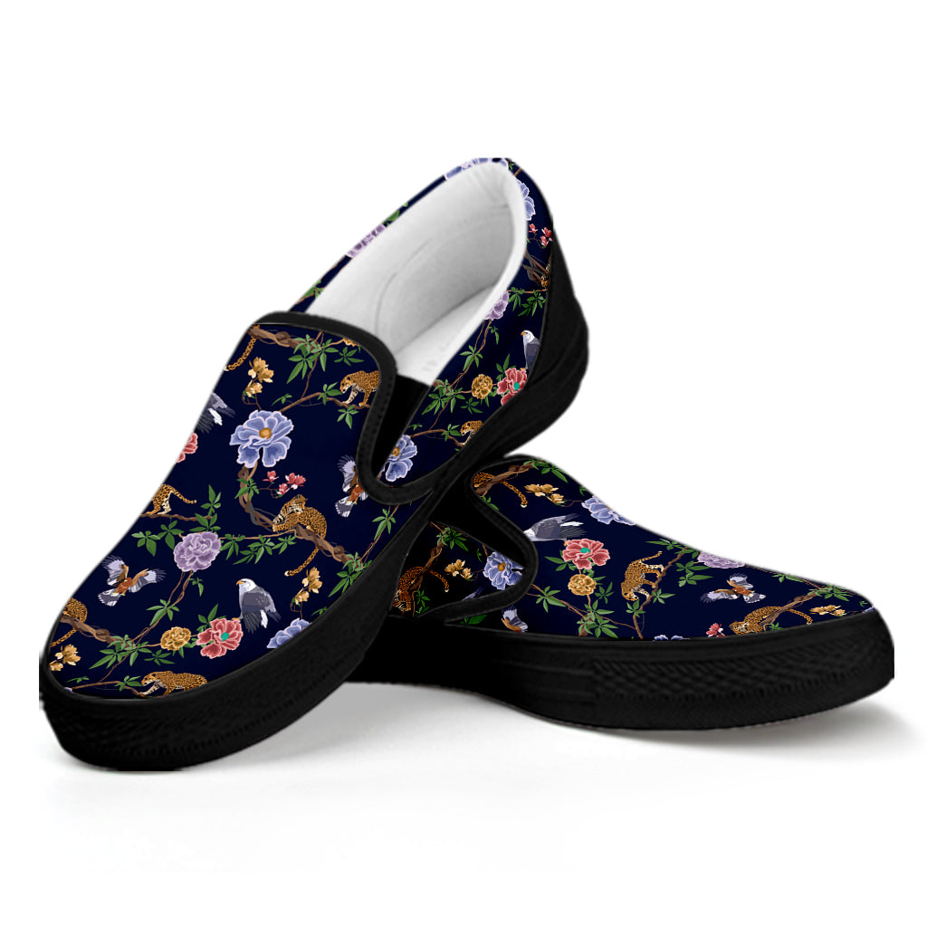 Eagle And Jaguar Pattern Print Black Slip On Shoes