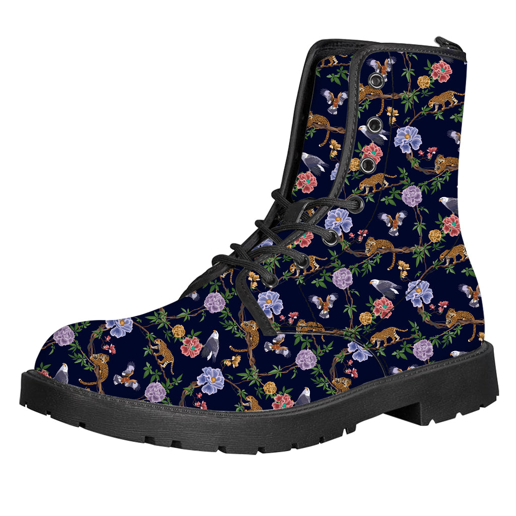 Eagle And Jaguar Pattern Print Leather Boots