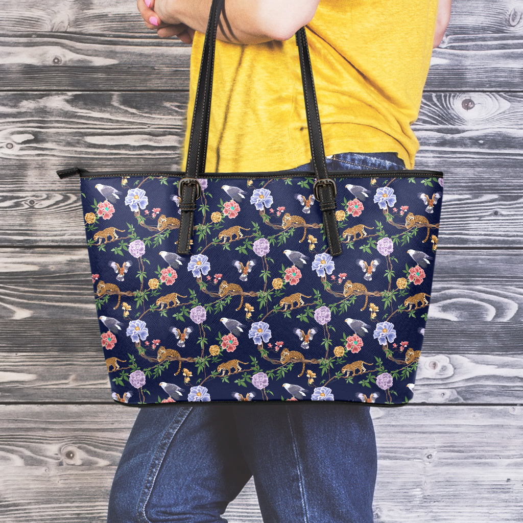 Eagle And Jaguar Pattern Print Leather Tote Bag