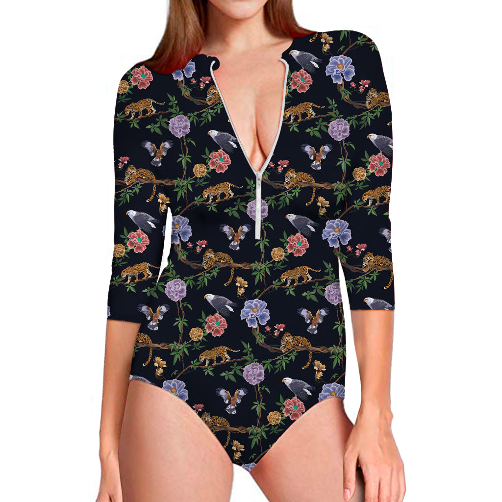 Eagle And Jaguar Pattern Print Long Sleeve One Piece Swimsuit