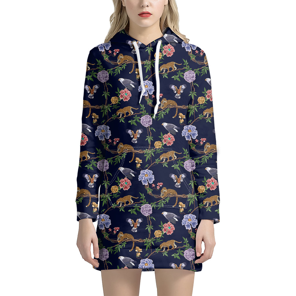 Eagle And Jaguar Pattern Print Women's Pullover Hoodie Dress