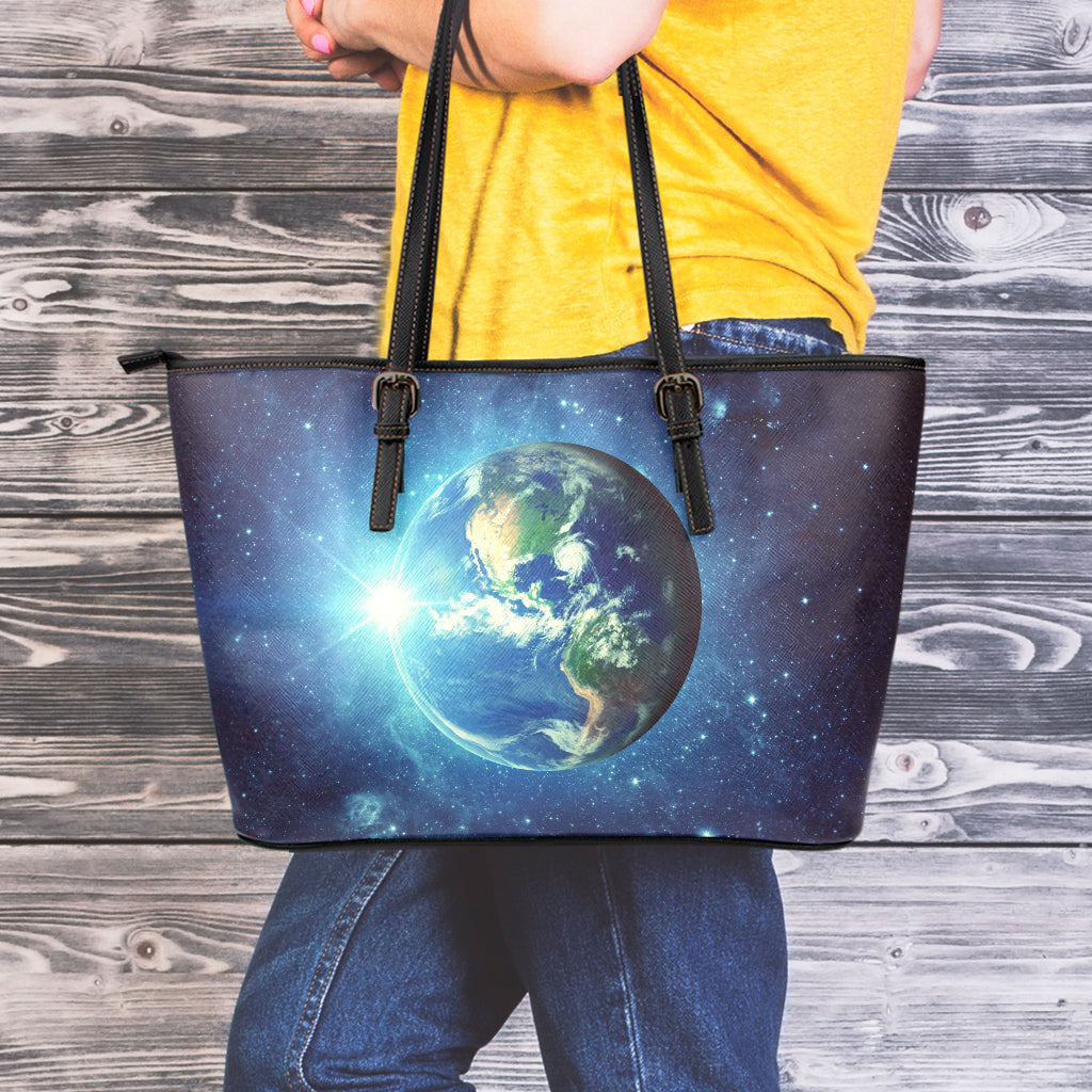 Earth And Space Print Leather Tote Bag