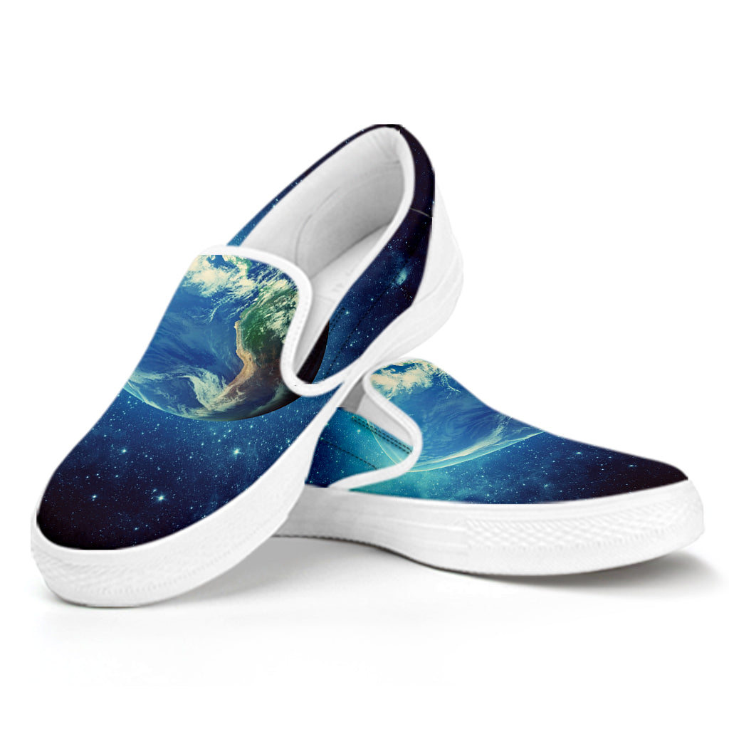 Earth And Space Print White Slip On Shoes