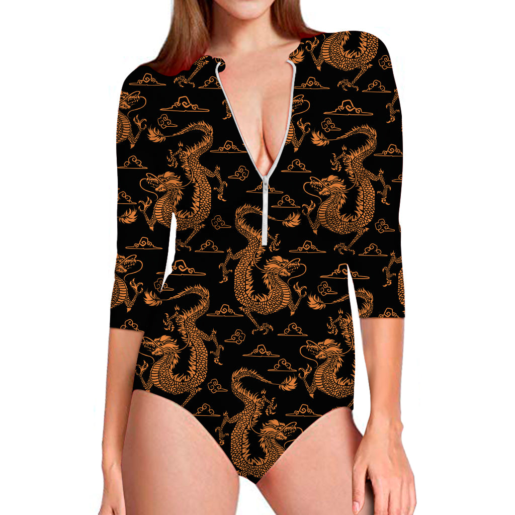 Eastern Dragon Pattern Print Long Sleeve One Piece Swimsuit