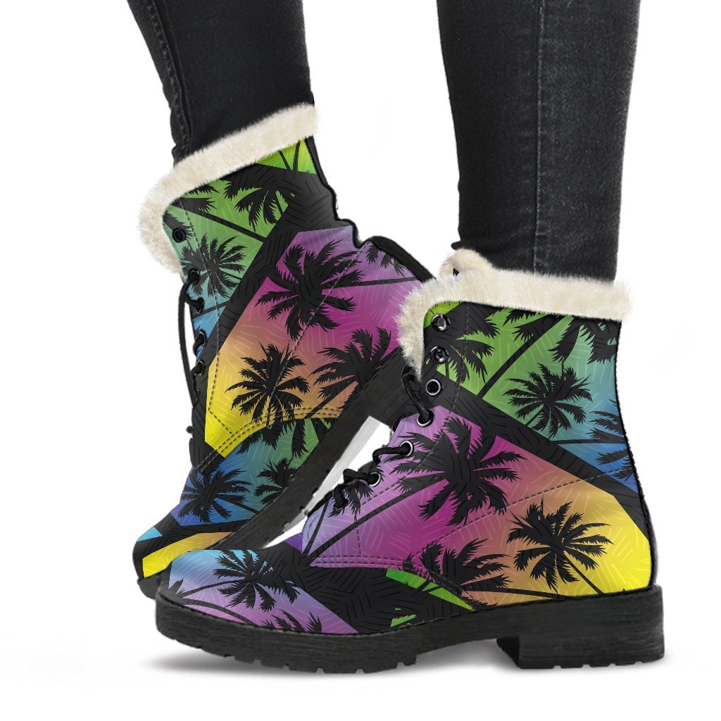 EDM Beach Palm Tree Pattern Print Faux Fur Leather Boots