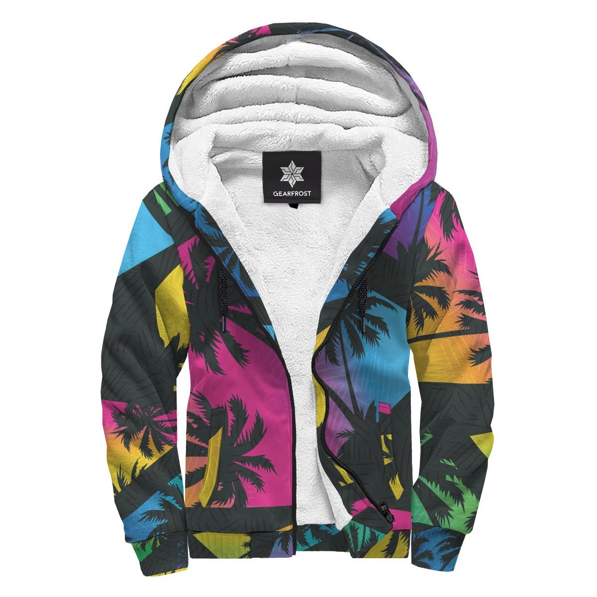 EDM Beach Palm Tree Pattern Print Sherpa Lined Fleece Hoodie