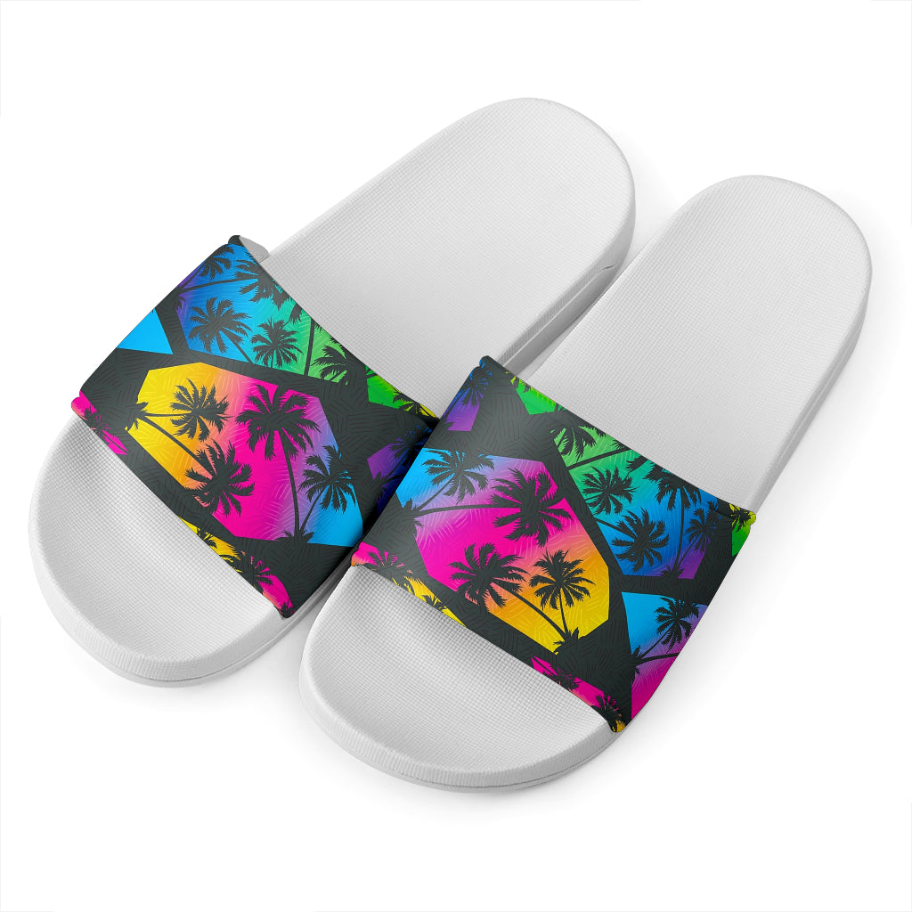 EDM Beach Palm Tree Pattern Print White Slide Sandals