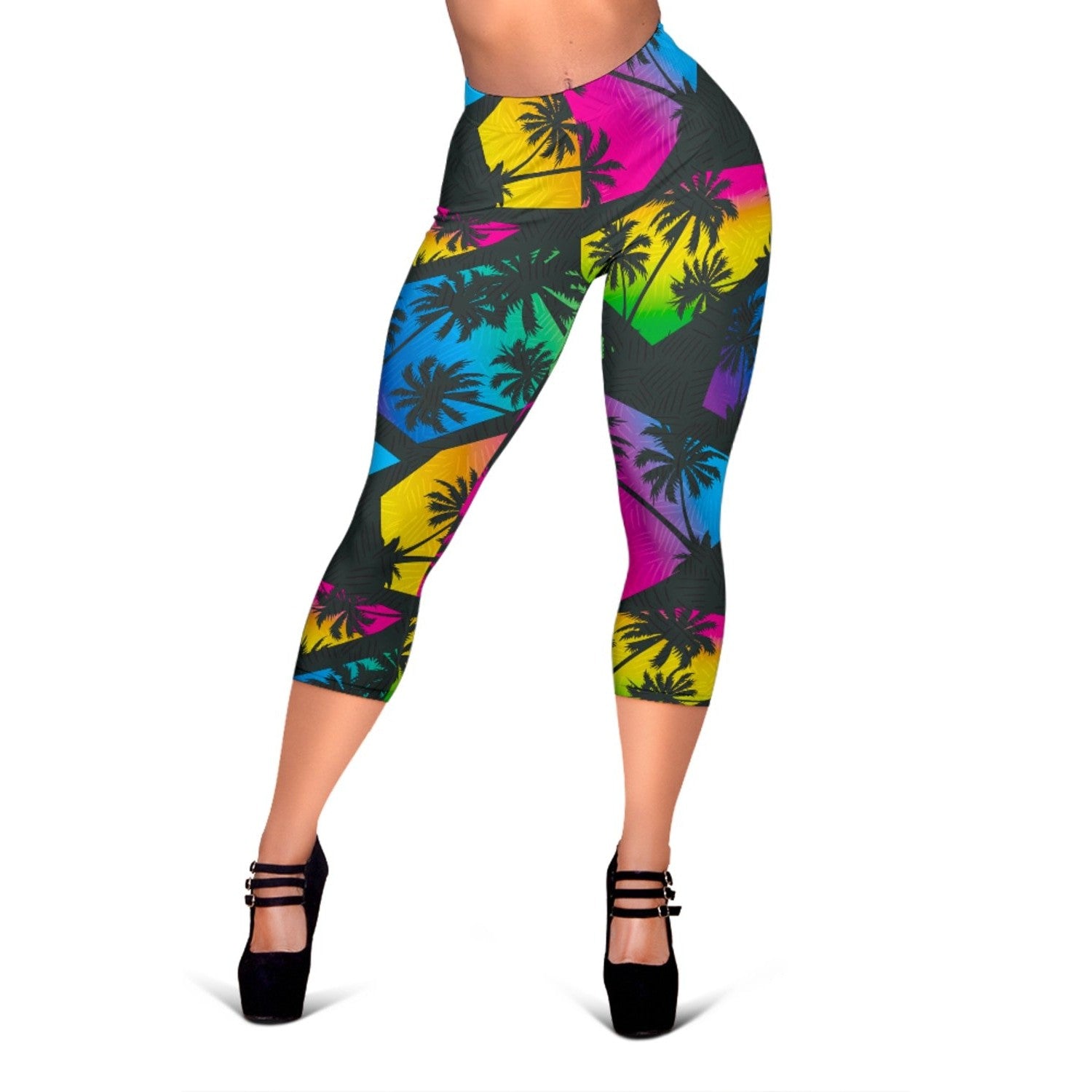 EDM Beach Palm Tree Pattern Print Women's Capri Leggings