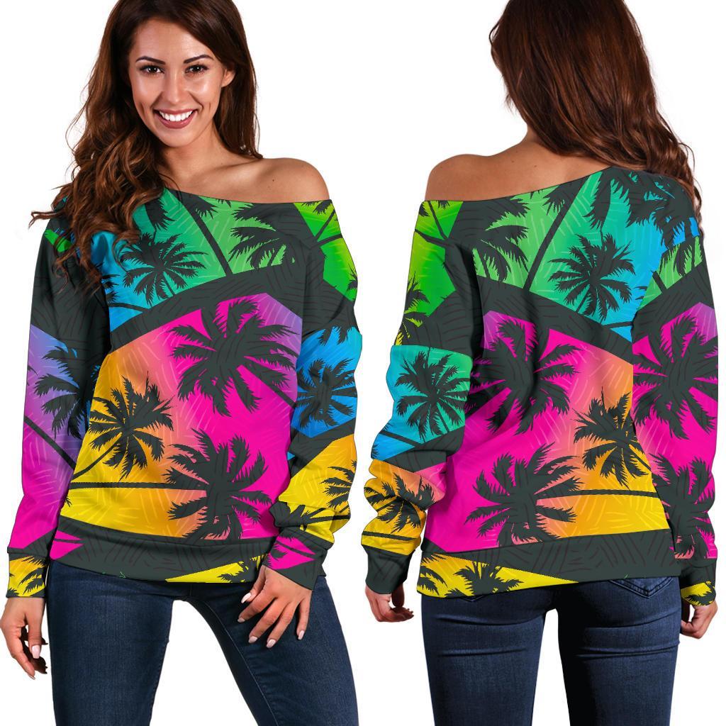 EDM Beach Palm Tree Pattern Print Women's Off-Shoulder Sweatshirt