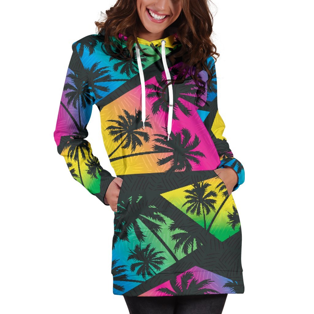 EDM Beach Palm Tree Pattern Print Women's Pullover Hoodie Dress