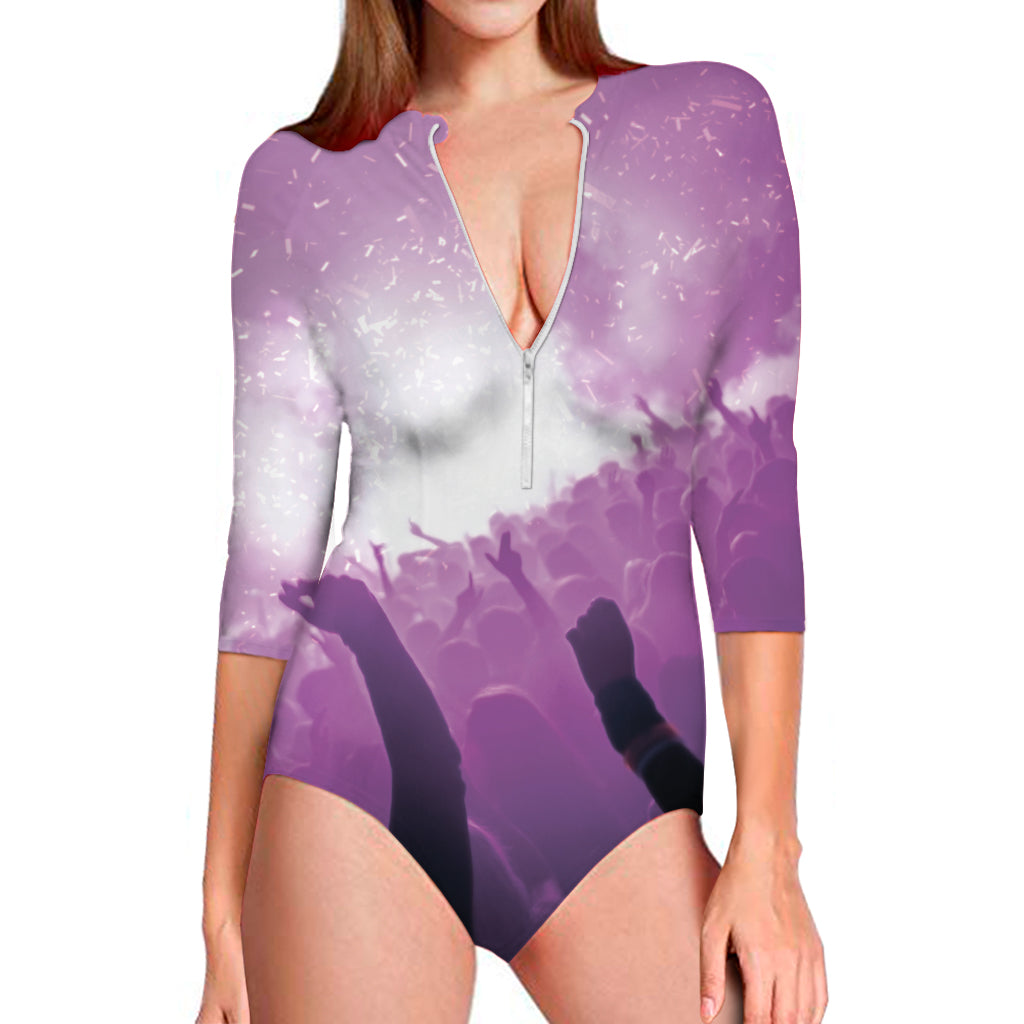 EDM Party In Nightclub Print Long Sleeve One Piece Swimsuit