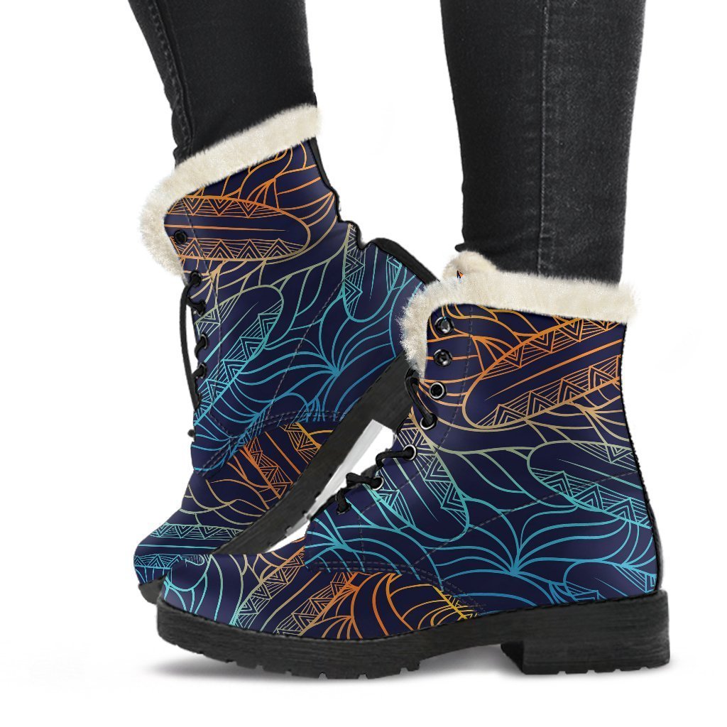 EDM Surfing Wave Pattern Print Faux Fur Leather Boots