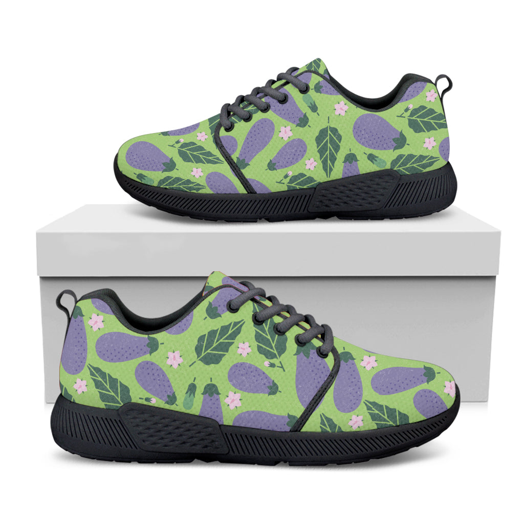 Eggplant With Leaves And Flowers Print Black Athletic Shoes