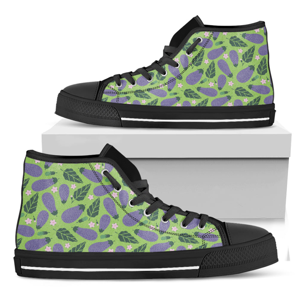 Eggplant With Leaves And Flowers Print Black High Top Shoes