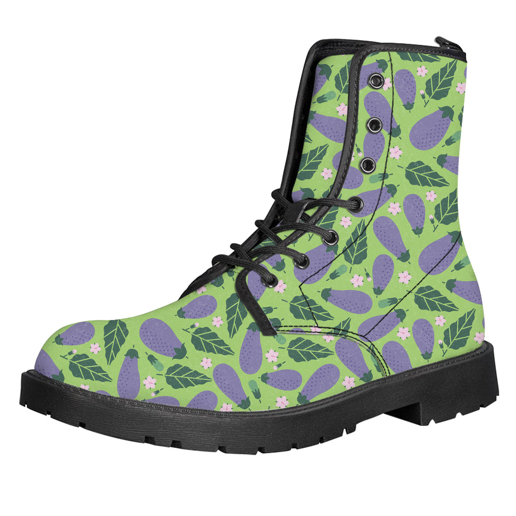 Eggplant With Leaves And Flowers Print Leather Boots