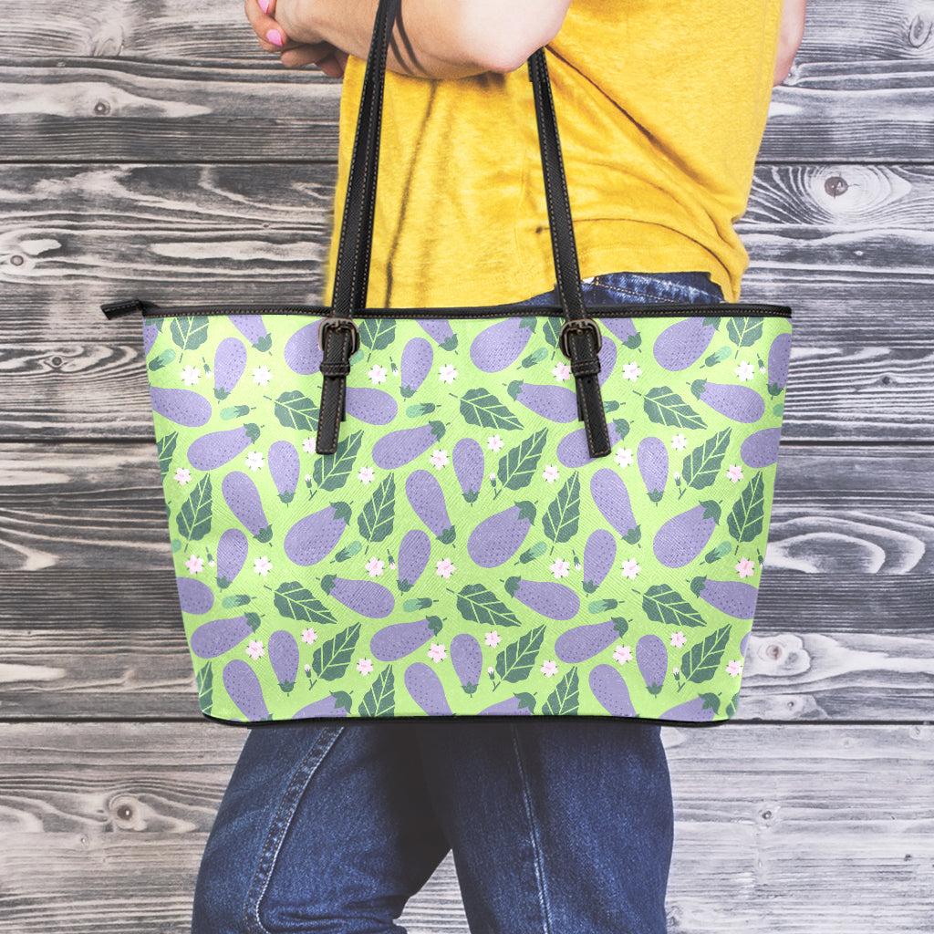 Eggplant With Leaves And Flowers Print Leather Tote Bag