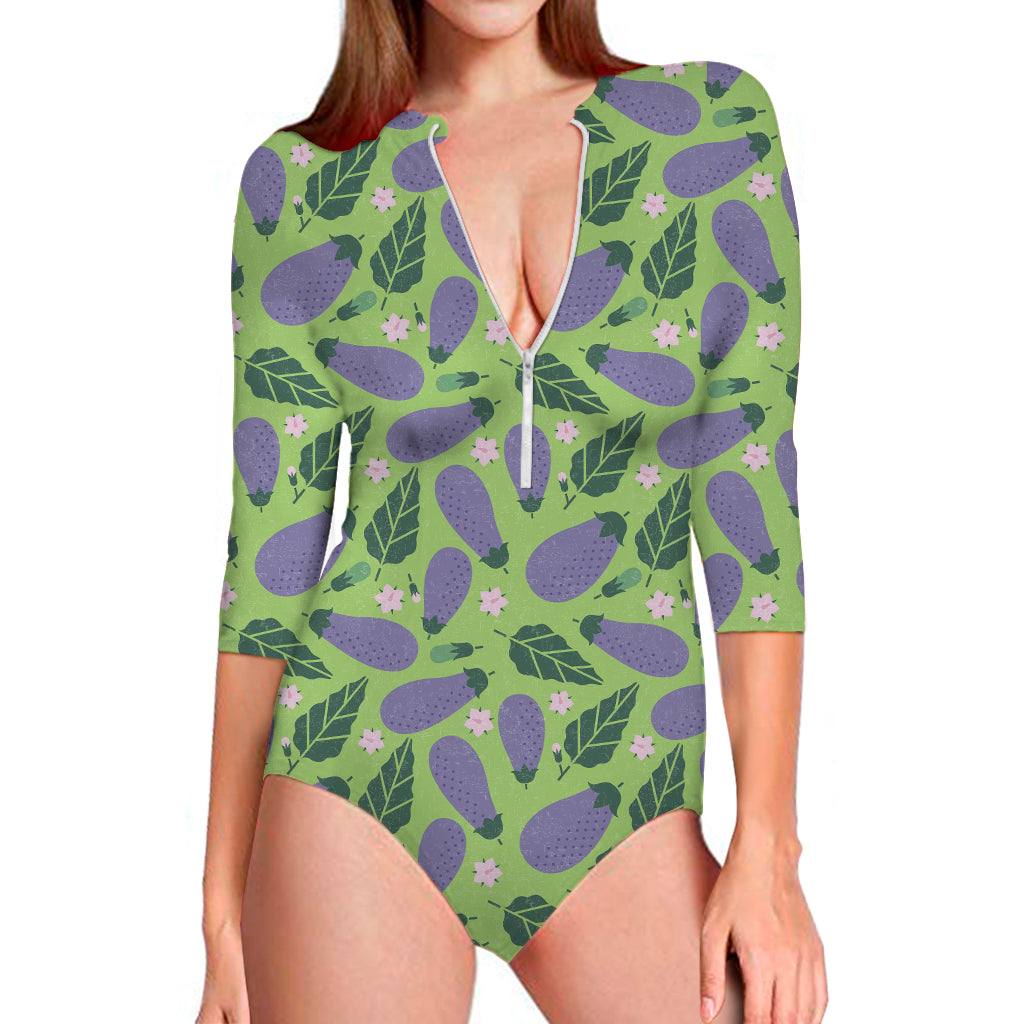 Eggplant With Leaves And Flowers Print Long Sleeve One Piece Swimsuit