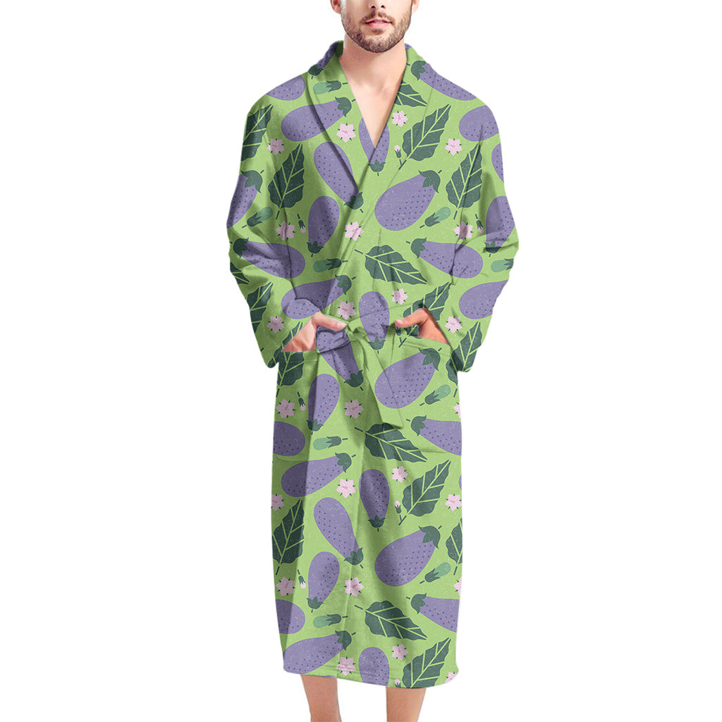 Eggplant With Leaves And Flowers Print Men's Bathrobe